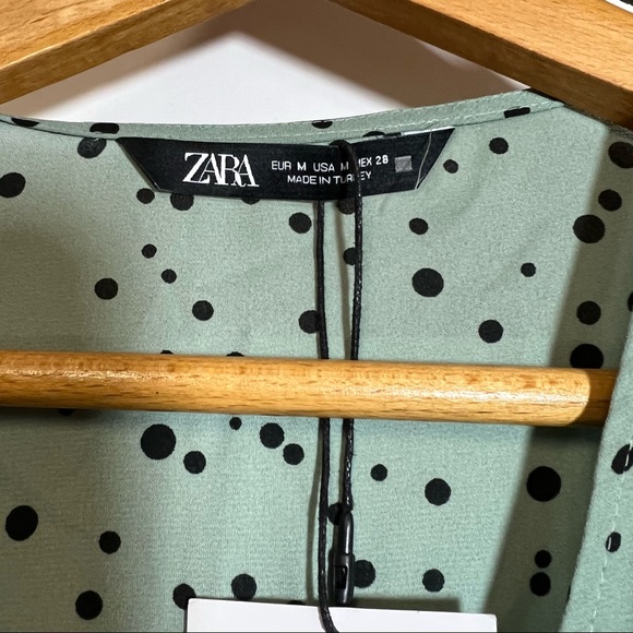 Zara Sage Green & Black Polka Dot Long sleeve Ruched V Neck Mini Dress S… - Picture 6 of 11